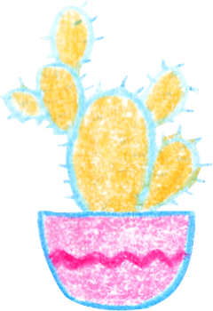 Playful crayon style illustration of a yellow prickly pear cactus with a blue outline in a pink pot with a zigzag pattern creating a bright and cheerful artistic look png