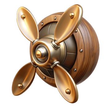 serene modern Steampunk airship propeller made of polished wood and copper original png