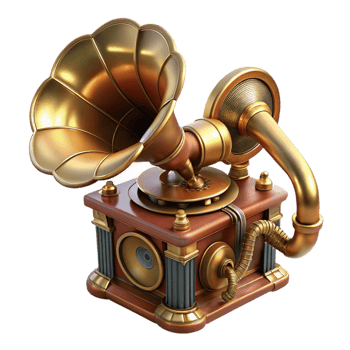 beautiful contemporary Steampunk gramophone with a brass horn and intricate clockwork professional png