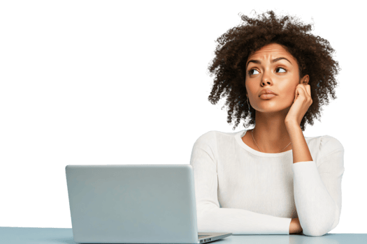 Pensive Young Woman with Curly Hair at Laptop Thoughtful Expression Indoor Portrait png