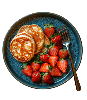 Delicious Golden Brown Pancakes with Fresh Strawberries on Teal Plate png