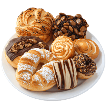 Assorted Delicious Pastries and Donuts on White Plate Croissant Swirls Chocolate Delights png