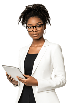 Confident African American businesswoman using tablet portrait white blazer png