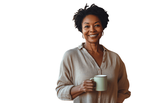 Happy mature African American woman holding a mug of coffee or tea smiling png