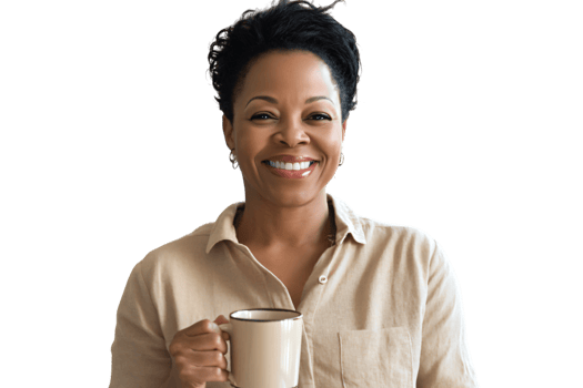 Happy African American Woman Smiling Holding a Coffee Mug Casual Portrait png