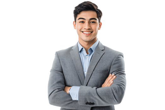 Confident Young Businessman in Gray Suit Smiling Portrait Arms Crossed png