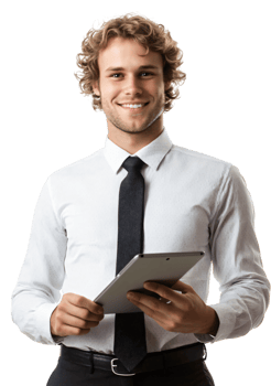 Confident Young Businessman Holding Tablet Smiling White Shirt Tie Portrait png