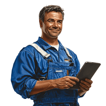 Confident Male Mechanic Using Digital Tablet Blue Overalls Technology Service png