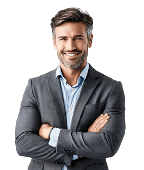 Confident Mature Man in Gray Suit Portrait Arms Crossed Smiling png