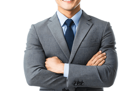 Confident Businessman with Arms Crossed Wearing Gray Suit and Blue Tie Portrait png