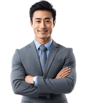 Confident Asian Businessman Portrait Arms Crossed Gray Suit Professional png