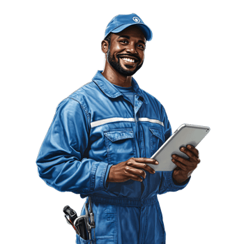 Happy African American Male Technician Using Tablet Digital Work Blue Uniform png