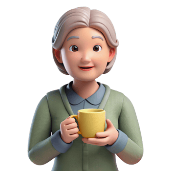 serene modern Thoughtful senior woman holding a cup of tea, detailed png