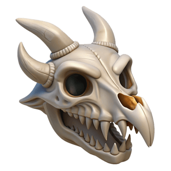 magnificent rustic Dragon skull, horns and teeth, weathered bone original png