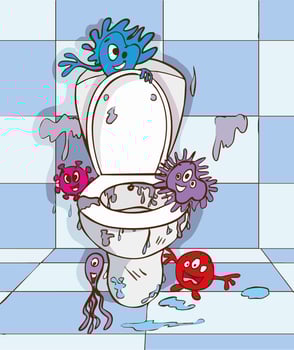 illustration of a dirty toilet with funny monsters in the bathroom vector