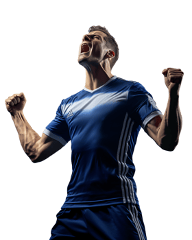 Jubilant Soccer Player Celebrating Victory Powerful Pose Athletic Man in Blue Uniform png