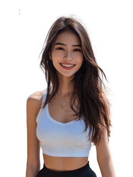 Beautiful Smiling Asian Woman with Long Brown Hair Wearing White Crop Top png