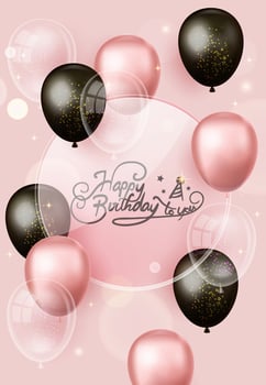Upright Happy birthday greeting card, poster, background with pink, black, transparent balloons vector
