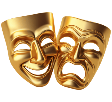 two golden theatrical masks on a transparent background png