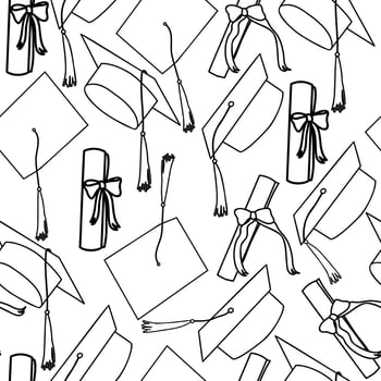 Graduation caps thrown in the air outline seamless pattern. vector