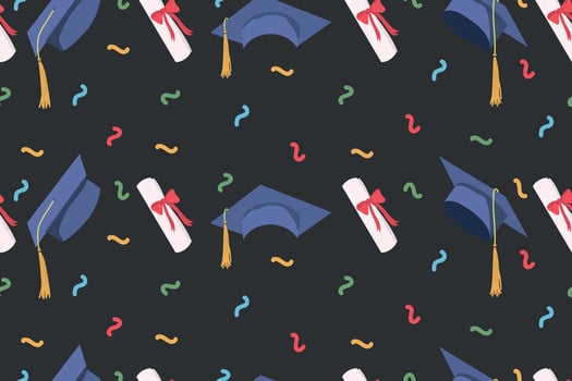 Graduate academic hat seamless pattern with confetti. vector