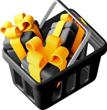 3D Shopping basket filled with gift boxes png