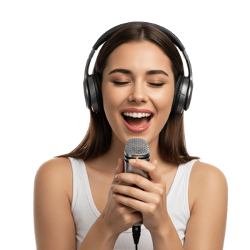 Woman singing into microphone with headphones on png