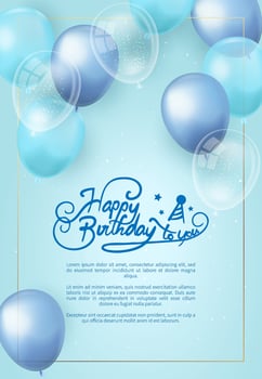 Upright Happy Birthday greeting card, background with blue, light blue, transparent balloons vector