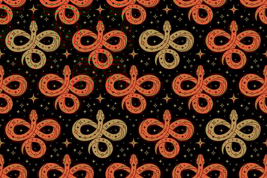 Seamless pattern with mystical red and golden snake on black background vector