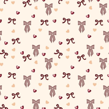 seamless pattern with Vintage red Ribbon Bow and Gemstone Heart in beige vector