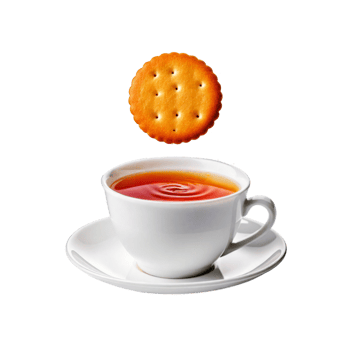 White cup and plate of tea with falling salted biscuit on transparent background png