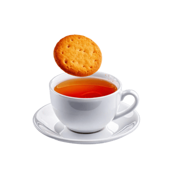 White cup and plate of tea with salted biscuit on transparent background png