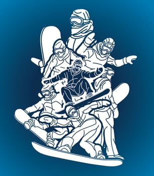 Extreme Sport Silhouette Group of Snowboard Players Snowboarder Mix Action Cartoon vector
