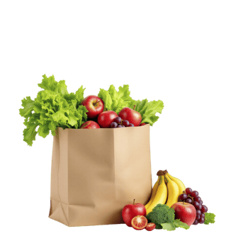 A paper bag filled with fruits and vegetables png