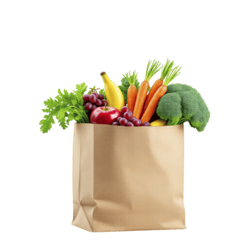 A brown paper bag filled with fruits and vegetables png