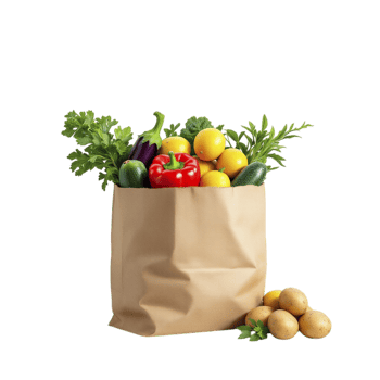 A paper bag full of vegetables and fruits png