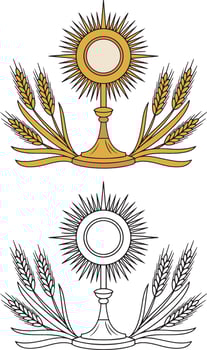 Catholic Monstrance with Wheat Ears Eucharist Religious Flat color and line art illustrations. vector