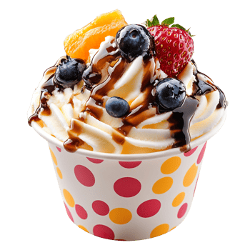 Tasty colorful ice cream cup with syrups and fruits isolated on transparent background png
