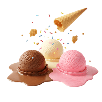 Variety of sweet ice cream cones with classic flavors on transparent background png