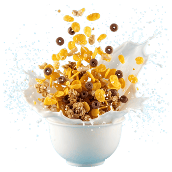 Corn flakes with milk splash in white bowl png