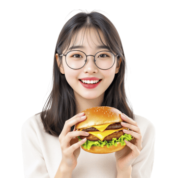 A woman in glasses holding a hamburger png