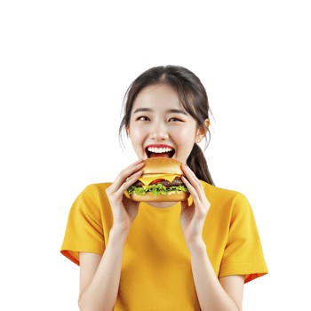 A woman in a yellow shirt is holding a hamburger png