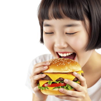 A young woman is eating a hamburger png