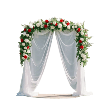 Elegant Wedding Arch with Roses and White Fabric Drapes png