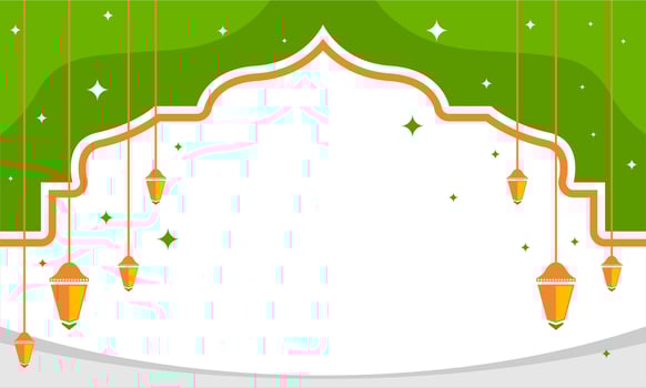 Islamic template background design on green and white with hanging lantern vector