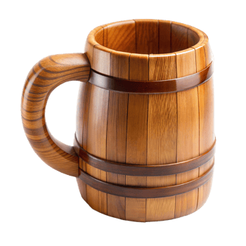 A Detailed Closeup of a Wooden isolated on transparent background BarrelShaped Beer Mug with a Curved Handle png