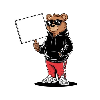 Cartoon-style bear wearing casual streetwear and holding a blank sign, ready for text or graphic additions vector