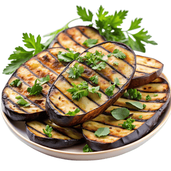 Delicious Grilled Eggplant Slices with Fresh Parsley Garnish A Healthy and Flavorful Mediterranean Dish png