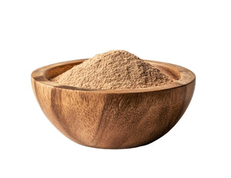 Wooden bowl filled with brown powder on backdrop Minimalist studio shot of ingredient or spice png