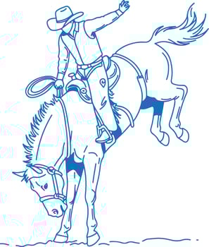 Hand-drawn vintage rodeo illustration of a cowboy riding a bucking bronco in Western style, dynamic wild horse sketch, traditional rodeo scene line art, rustic equestrian graphic design vector